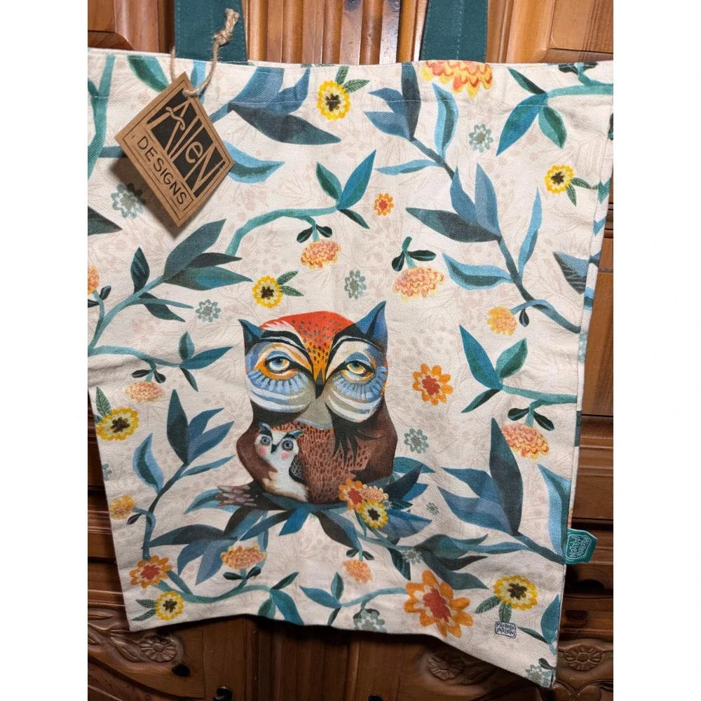 Michelle Allen Designs Enesco Owl & Owlet Tote Bag Floral Cotton Canvas NWT